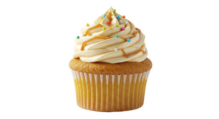 Deliciously decorated vanilla cupcake with swirled icing and sprinkles isolated transparent background PNG, Realistic