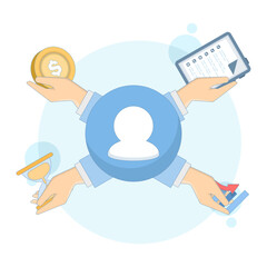 Illustration of a skilled professional with multitasking abilities, managing different responsibilities at once. Concept of a busy worker who can handle many tasks and perform various jobs efficiently