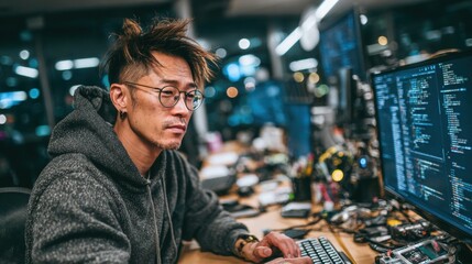 Programmer works late at night in a tech-filled office for a global celebration concept of dedication and innovation.