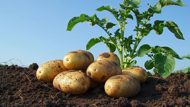 Potatoes Stacked on Soil Near Green Plant Under Blue Sky In An Agricultural Setting