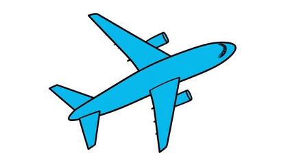 A simple, stylized illustration depicts a light-blue jet aircraft in flight against a plain white background.