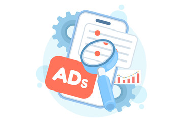 Flat vector illustration of mobile advertising analytics. Smartphone with magnifying glass and performance data, representing programmatic ads, campaign tracking, and digital marketing analysis.