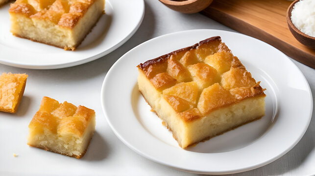Trinidadian pone cassava coconut baked dessert sliced and plated on clean white ceramic