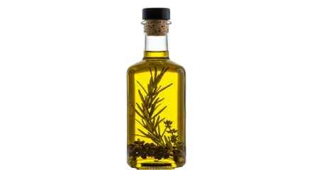 Clear glass bottle filled with golden olive oil and fresh rosemary sprigs isolated transparent background PNG, Realistic