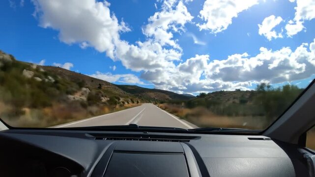 Roadtrip View Car dashboard perspective, driving on an asphalt road lined with hills under a blue sky filled with fluffy clouds