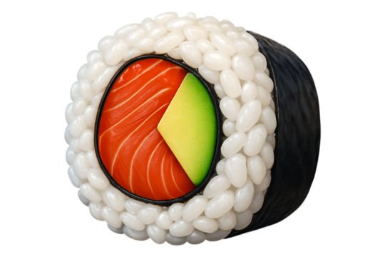 Realistic sushi maki roll with salmon and avocado. Fresh Japanese food PNG clip art on a transparent background for a restaurant menu, food blog, or delivery app icon.