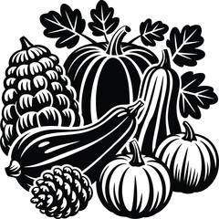 Black and White Woodcut Illustration of Pumpkins, Gourds, Grapes, and Autumn Leaves, Rustic Harvest Design, Vintage Thanksgiving Art Print