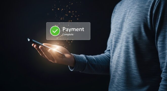 Person holding a phone with a payment complete notification on the screen