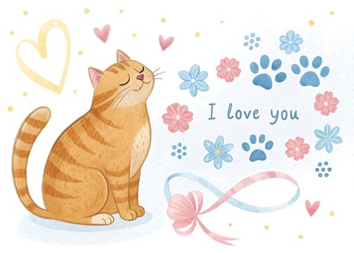 Adorable orange tabby cat with closed eyes and a happy expression surrounded by hearts paw prints and a ribbon with i love you text - Powered by Adobe