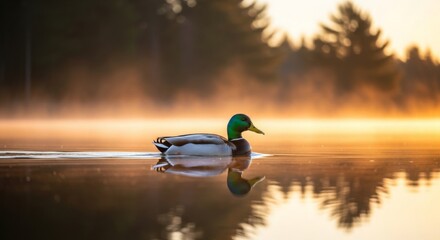 A mallard duck swims on a calm lake at sunrise with a forest in the background creating a serene scene