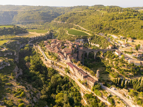 Minerve, Languedoc, France, medieval village in southern France, built on a rock surrounded by deep river beds and hills.