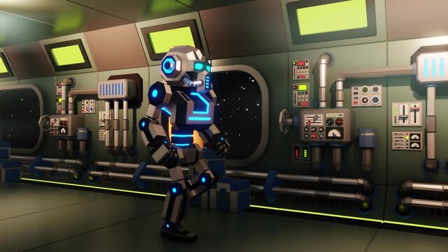Humanoid robot walking through a futuristic corridor aboard a sci-fi space station. 3d looped cartoon animation