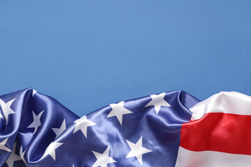 Flag of USA on blue background, closeup. Memorial Day celebration