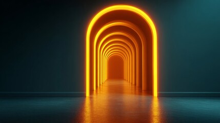 Obraz premium Tunnel of Light: An endless tunnel of bright arches beckons with luminous energy, offering a sense of depth and intrigue and evokes futuristic and innovative feelings.