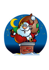 Santa Claus (Father Christmas) climbs down a chimney and gets stuck because he is too fat