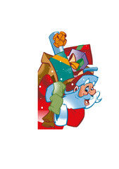 Naklejka premium Smiling Santa Claus (Father Christmas) is carrying a heavy sack full of gifts.