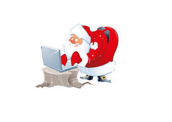 Santa Claus (Father Christmas) works on his computer placed on a tree stump