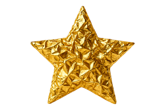Gold foil star with a crumpled shiny texture. Five-point star PNG clip art on a transparent background for a rating system, award certificate, or holiday decoration.