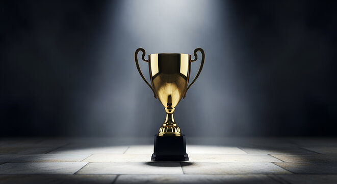 Golden trophy cup gleaming under spotlight on stone surface