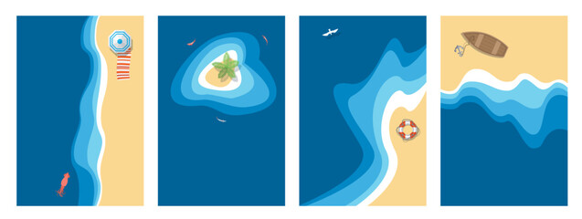 Top view of a set of colour minimalistic vector illustrations of sand coastline of blue sea, island, boat, beach umbrellas, lifebuoy, seagulls. Desert island. Tropical paradise. View from above © Алексей Шпадарук
