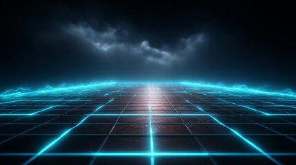 Cybernetic Horizon: An electrifying digital landscape, showcasing a futuristic grid of neon blue lines converging toward a central point with ominous clouds in the distance.