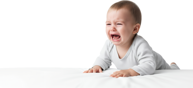 A distressed infant lies on a white surface crying loudly with an open mouth and tear streaked cheeks transparent background - Powered by Adobe