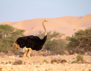 Naklejka premium Ostrich mother and chicks in desert