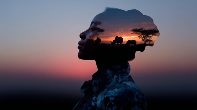 Silhouette of a person with double exposure, featuring African elephants and trees at sunset, symbolizing harmony with nature.