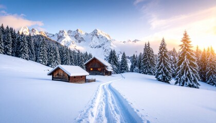 A Breathtaking Winter Landscape Showcases Snow Covered Mountains And Charming Wooden Cabins, Capturing The Essence Of A Serene Winter Scene With A Winding Path Leading Through The Pristine