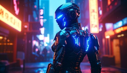 Naklejka premium A Futuristic Cyborg Stands In A Neon Lit Cityscape, The Cyborg S Design Showcases Advanced Technology And Cyberpunk Aesthetics, Creating A Sense Of Mystery And Technological Advancement.