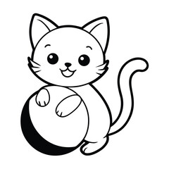 Fototapeta premium Coloring page outline of a cartoon little cat with a toy ball. Cute playful kitten. Pet. Coloring book for kids, featuring a fun animal scene, perfect for creative drawing.
