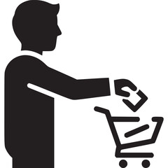 Illustration of a customer placing an item into a shopping cart, representing the act of purchasing and engaging in retail isolated on white background