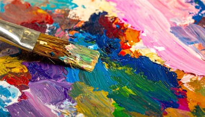 Obraz premium A Close Up Shot Of A Paintbrush And Artist Palette, Showcasing The Texture And Color Of Oil Paint, Capturing The Essence Of Creativity And Artistic Expression, Ideal For Art And Design
