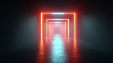 Neon Light Corridor: Captivating illustration featuring an endless perspective of neon-lit squares leading to a radiant light. This creates a strong sense of depth.