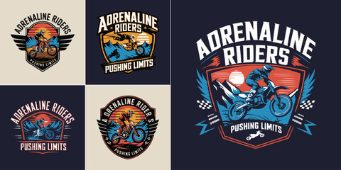 Adrenaline riders motocross emblem set with motorbike, mountains, sunset, and extreme sports typography for racing and adventure designs © Vectyx