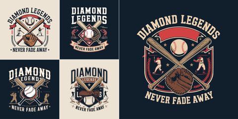 Retro vintage baseball emblem with crossed bats glove ball and players for sports team logo and t shirt design