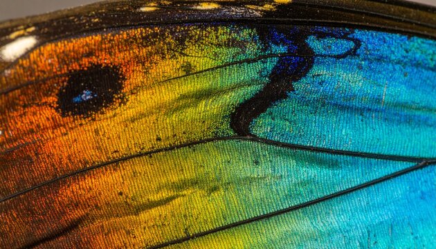 A Close Up View Of A Butterfly Wing Showcases Stunning Iridescent Colors, Including Orange, Yellow, Green, And Blue, Highlighting Nature S Intricate Designs.