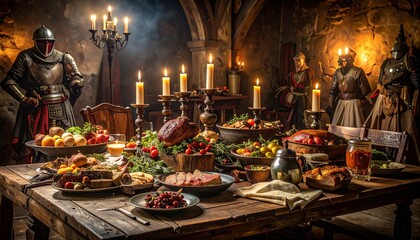 A Medieval Feast Scene, A Culinary Celebration, Depicting A Grand Table Laden With Food, Lit By Candles, And Accompanied By Armored Figures, Capturing A Moment In Time.