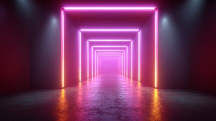 Fototapeta premium Neon Corridor: A visually captivating tunnel with geometric neon lights create an enthralling dance of vibrant colors, leading the eye into the depth of the scene. 