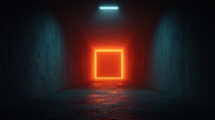 Neon Square Portal: An enigmatic neon square glows at the end of a dark, foreboding corridor. The interplay of light and shadow creates a sense of anticipation and mystery.