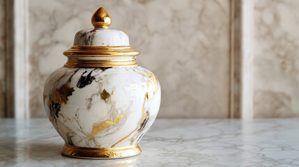 Elegant white and gold ceramic jar with lid on marble surface. Decorative home decor, luxurious accent piece. Timeless aesthetic.