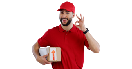 Happy man, portrait and delivery with box, OK sign or yes for transportation, order or logistics on a transparent PNG background. Young male person or courier guy with like emoji, parcel or package