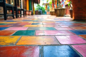 Colorful mosaic tile pavement, patio, vibrant
