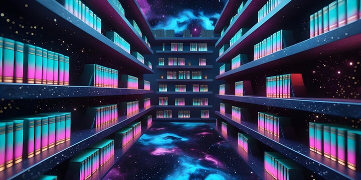 Floating Cosmic Library with Neon Books and Galactic Shelves – Surreal Futuristic Cosmic-Abstract
