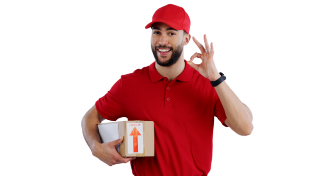 Happy man, portrait and delivery with box, OK sign or yes for transportation, order or logistics on a transparent PNG background. Young male person or courier guy with like emoji, parcel or package