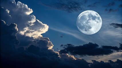 Obraz premium Full moon shining brightly in a dark blue night sky with dramatic clouds and celestial light