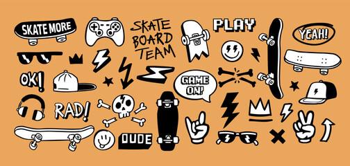 Cool skateboard and gaming doodle vector set with boards, skulls, controllers, lightning, and street style elements. Perfect for stickers, t-shirts, posters, digital art, and apparel design. © cddesign.co