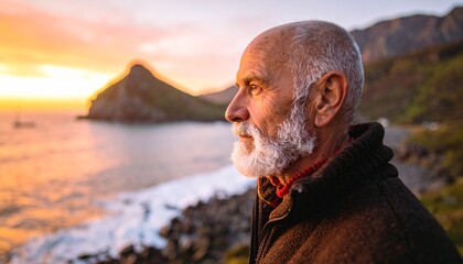 A Serene Portrait Captures An Elderly Man Contemplating The Sunset, A Moment Of Peaceful Reflection By The Coastline, Enhanced With Golden Hour Lighting, Perfect For Themes Of Tranquility