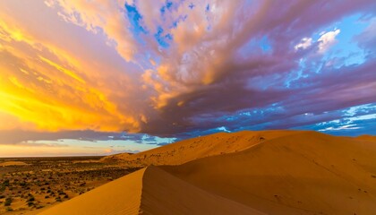 A Stunning Desert Landscape At Sunset Showcases Dramatic Clouds, Golden Dunes, And The Beauty Of Nature, Capturing A Breathtaking Scenic View With Vivid Colors And Serene Atmosphere.