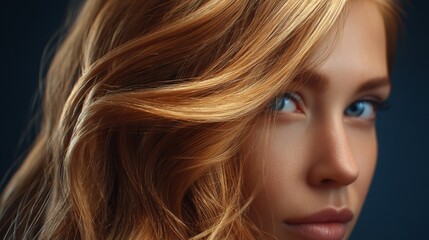 Naklejka premium Radiant Aura: A close-up portrait of a woman with lustrous, flowing locks of golden-brown hair, and a subtle, warm complexion. The intense gaze of blue eyes captivates the viewer.